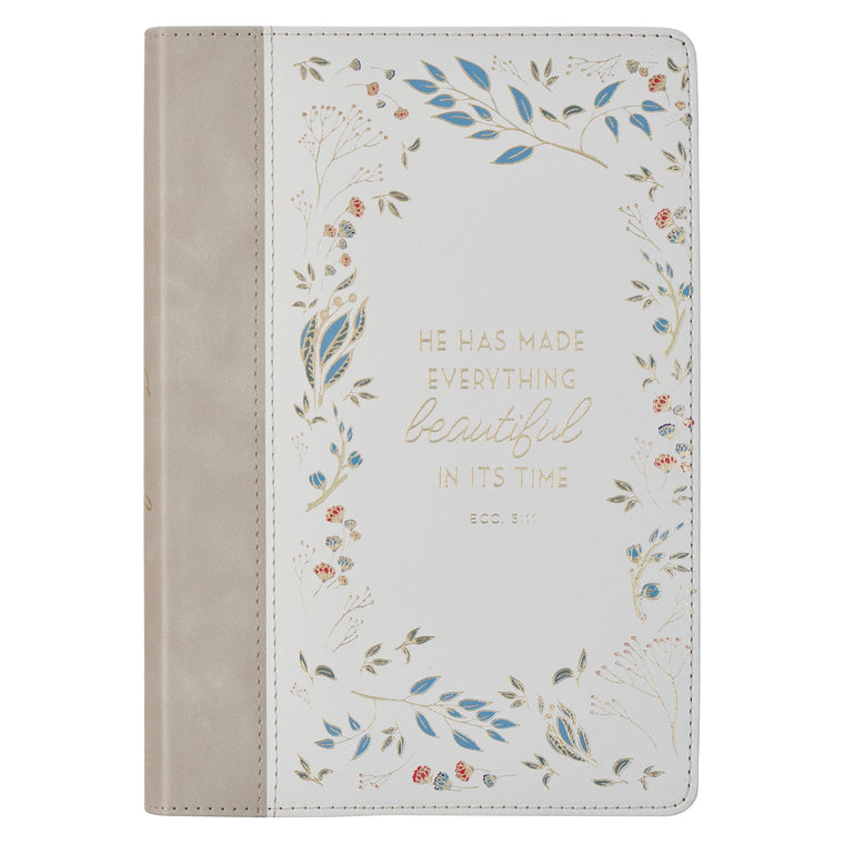 Christian Art Gifts Inspirational Journal, Everything Beautiful Wide Ruled Notebook, Ecc. 3:11 Bible Verse, Beige Vegan Leather Floral, 336 Lined Pages w/scripture, (8.6 x 6.1 x .9)