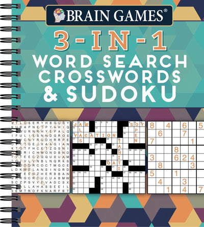 Brain Games - 3-In-1 Puzzle Book: Word Search, Crosswords & Sudoku  256 Pages, Spiral Bound  Large Variety Activity Book for Adults, Seniors, Teens