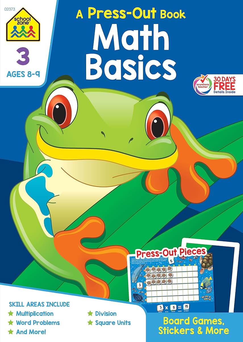 School Zone - Math Basics Press-Out Workbook - 64 Pages, Ages 8 to 9, 3rd Grade, Manipulatives, Board Games, Multiplication, Word Problems, Division, ... Square Units, Stickers, and More (Punch Out)