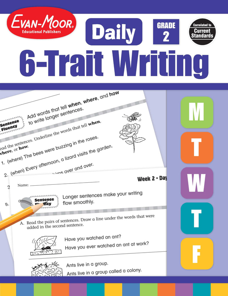 Evan-Moor Daily 6-Trait Writing, Grade 2, Homeschool and Classroom Resource Workbook, Reproducible Worksheets, Teaching Edition, Lesson Plans, Ideas, Organization, Word Choice, Sentence Fluency, Voice