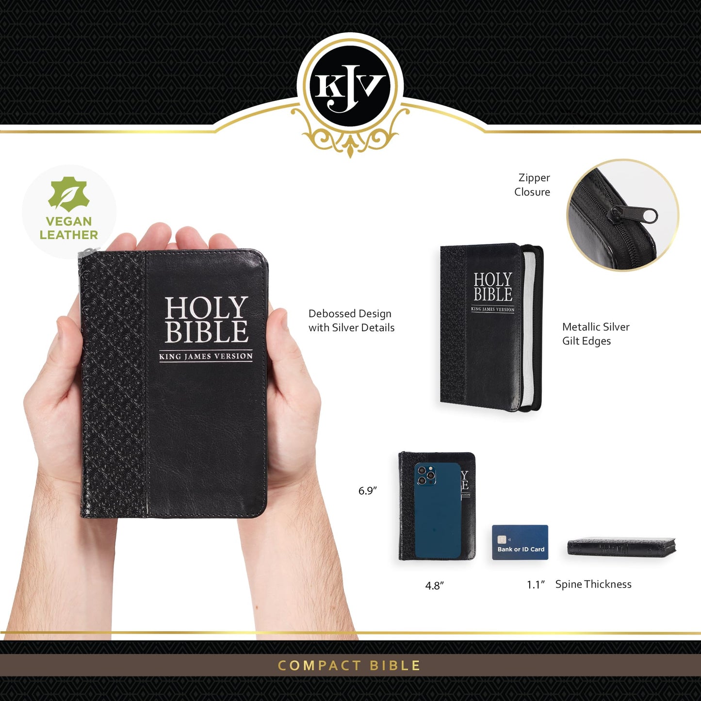 KJV Holy Bible, Compact Faux Leather Red Letter Edition - Ribbon Marker, King James Version, Black Faux Leather, Zipper Closure (KJV Compact Editions)
