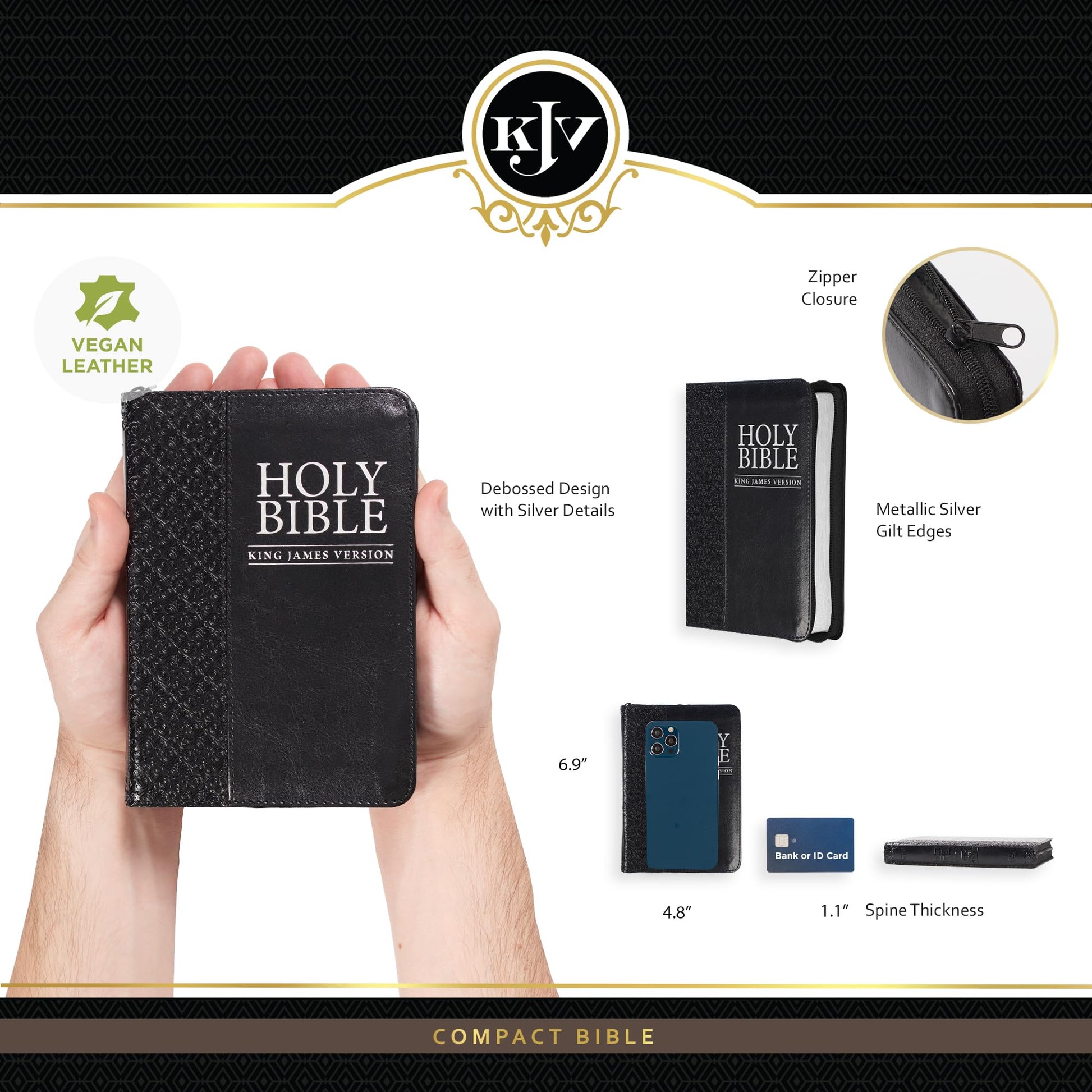 KJV Holy Bible, Compact Faux Leather Red Letter Edition - Ribbon Marker, King James Version, Black Faux Leather, Zipper Closure (KJV Compact Editions)