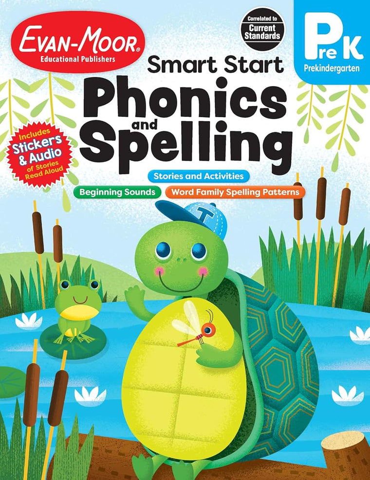 Evan-Moors Smart Start Phonics and Spelling Workbook for Preschool, Beginning Reading, Spelling patterns, Learn to Read, Homeschool, Word families, Stickers, Print Copy, Audio stories