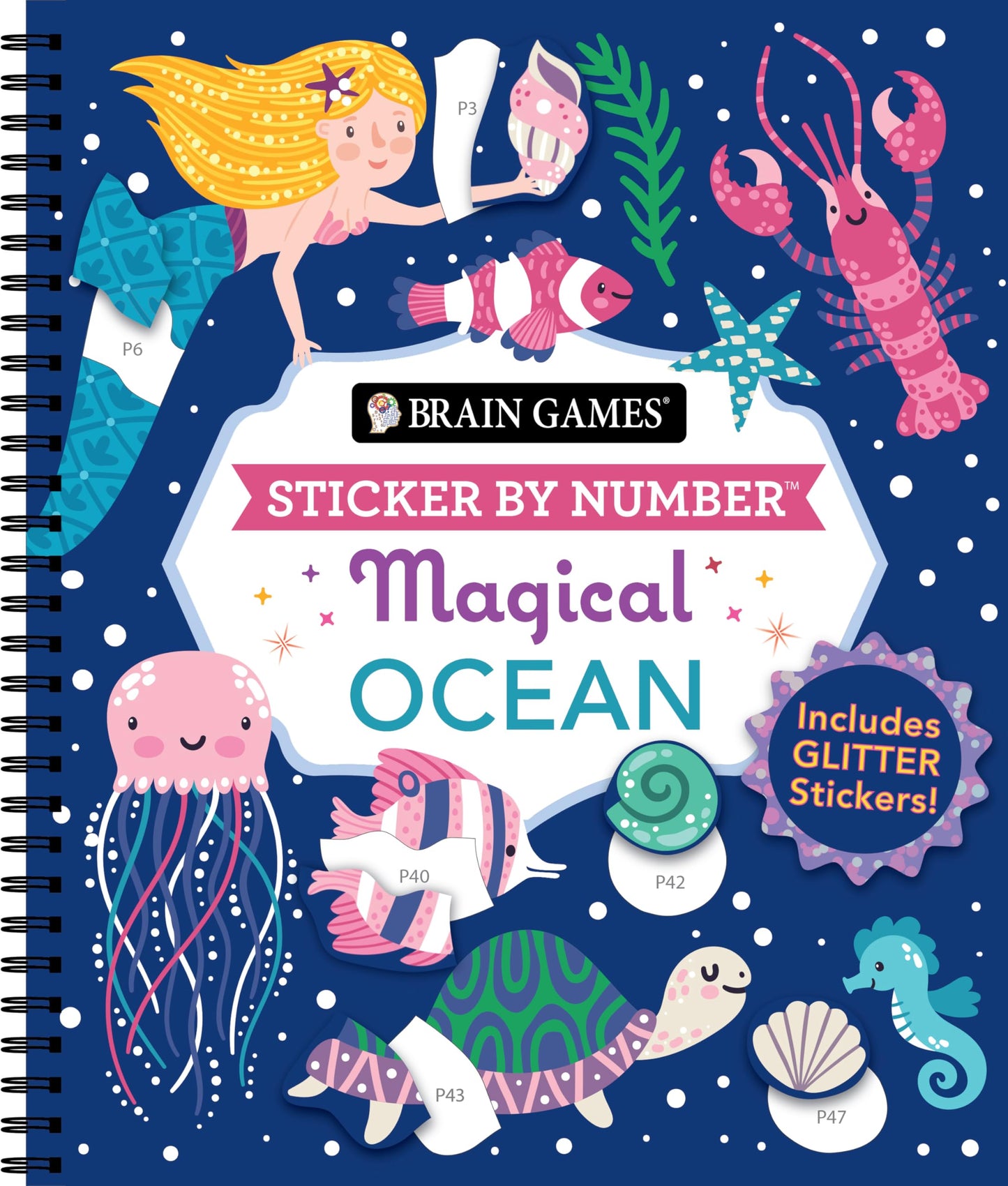 Brain Games - Sticker by Number: Magical Ocean (20 Images to Sticker): Includes 2 Glitter Sticker Sheets to Complete Each Image!