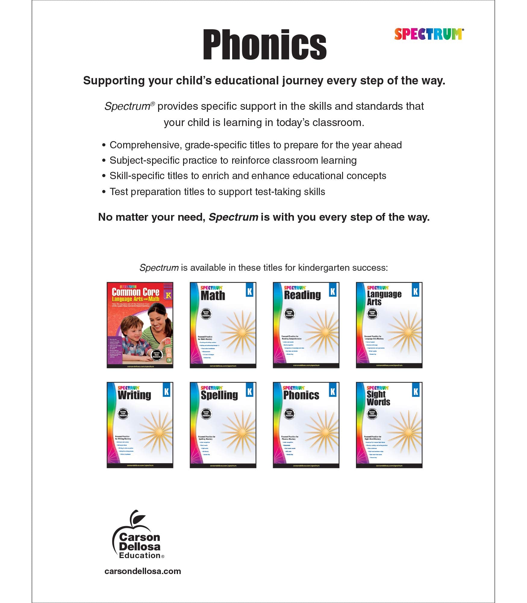 Spectrum Kindergarten Phonics Workbook, Activity Book Ages 4-6 Covering Alphabet Letter Recognition, Vowels, Sight Words, and More, Language Arts Classroom or Homeschool Curriculum