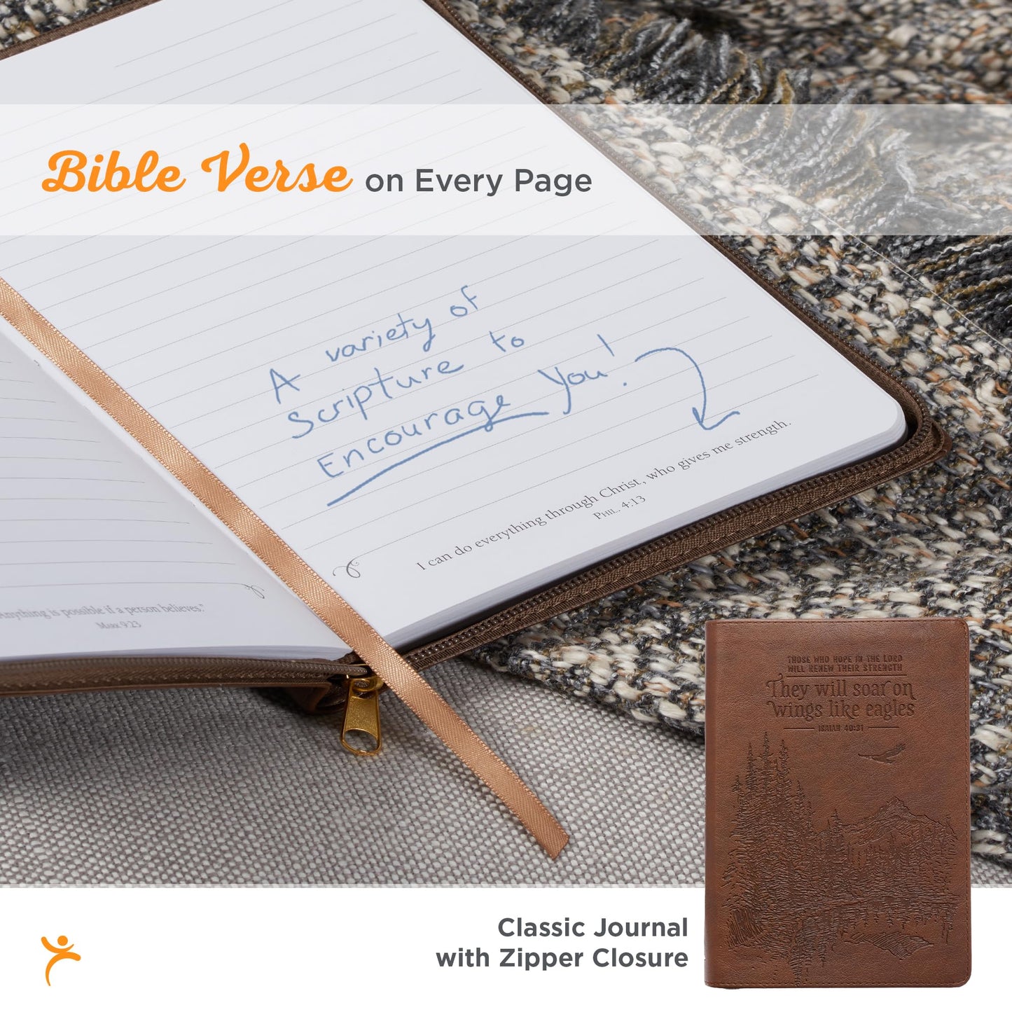 Classic Faux Leather Journal Soar Wings Like Eagles Isaiah 40:31 Bible Verse Brown Inspirational Notebook, Lined Pages w/Scripture, Ribbon Marker, Zipper Closure