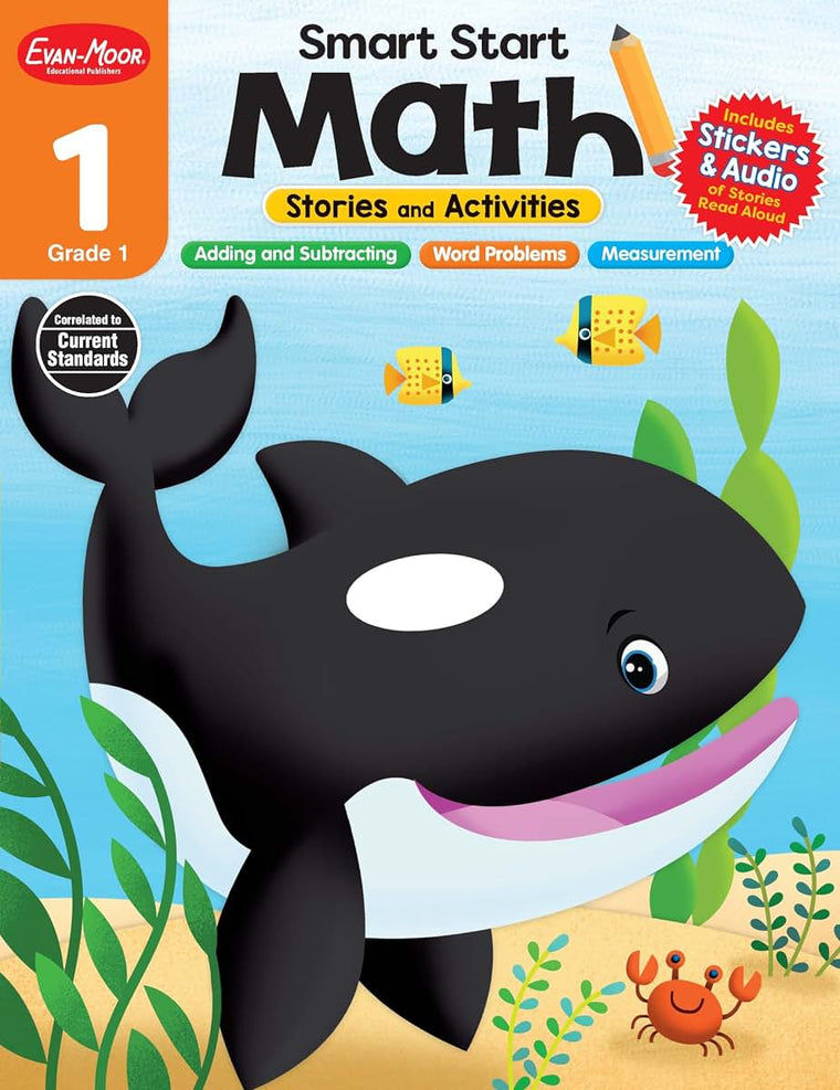 Evan-Moor Smart Start Math, Grade 1 Workbook, Stickers, Audio Read Alouds, Stories and Activities, Learn Numbers, Counting, Measurment, Addition, ... (Smart Start: Math Stories and Activities)