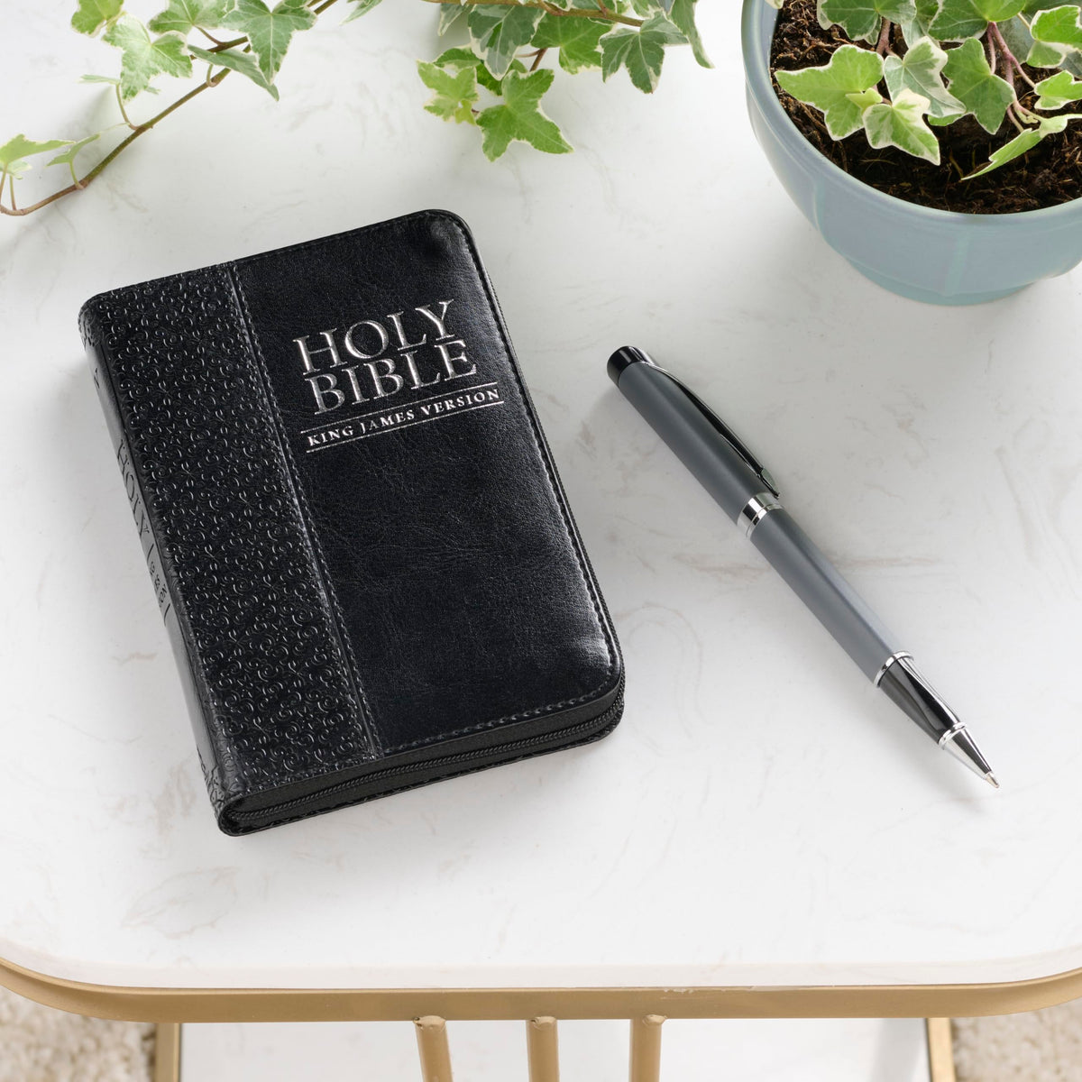 KJV Holy Bible, Mini Pocket Bible - Zippered Black Faux Leather Bible w/Ribbon Marker, King James Version