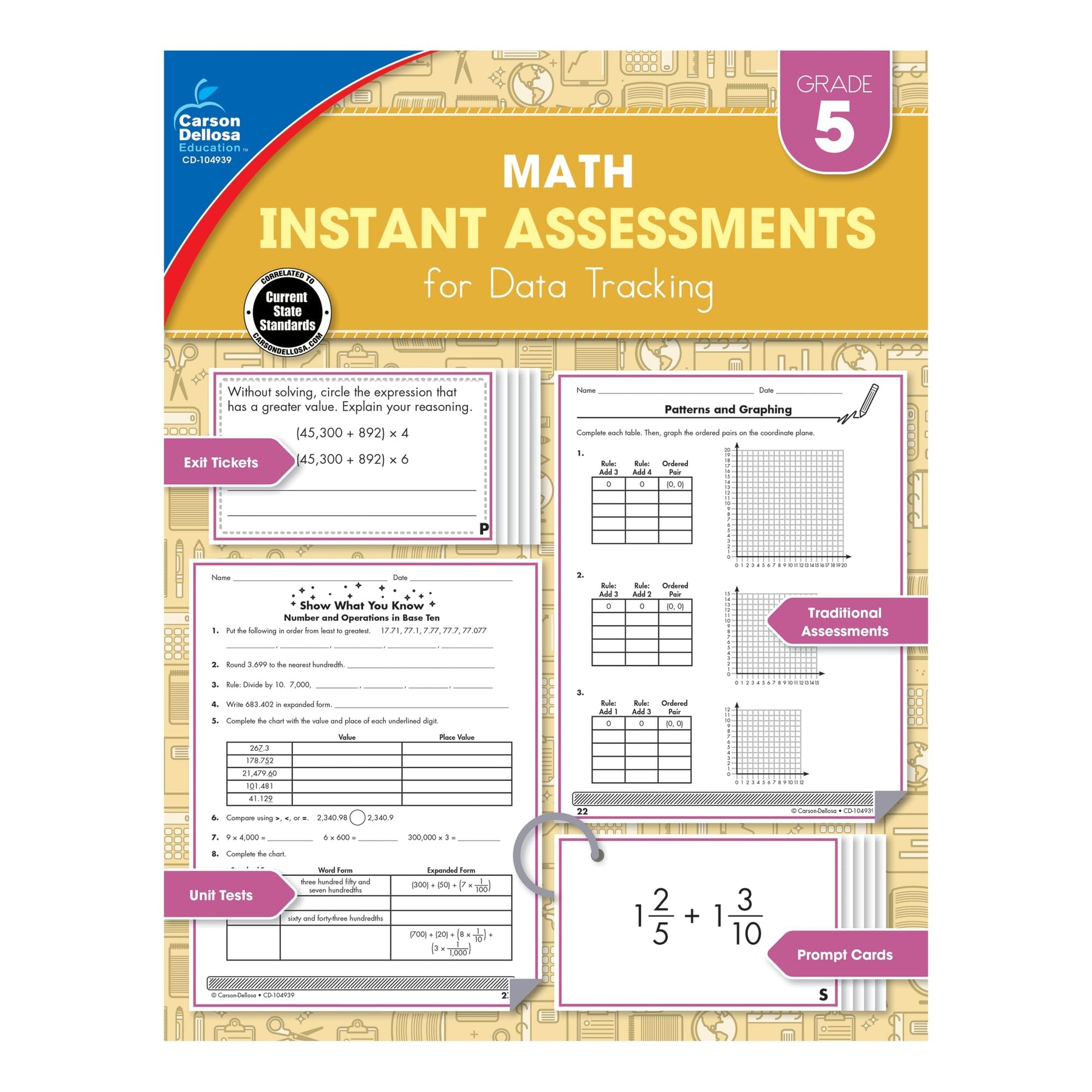 Carson Dellosa Instant Assessments for Data Tracking Book, 5th Grade Math Tests Covering Algebra, Decimals, Fractions, Geometry, and More, Classroom or Homeschool Curriculum