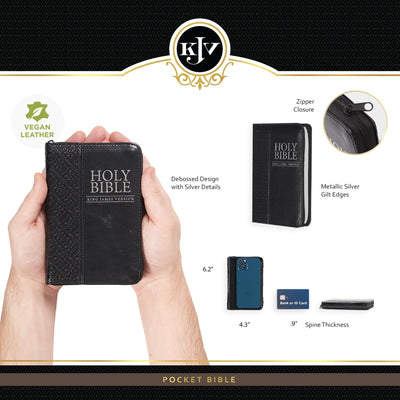 KJV Holy Bible, Mini Pocket Bible - Zippered Black Faux Leather
