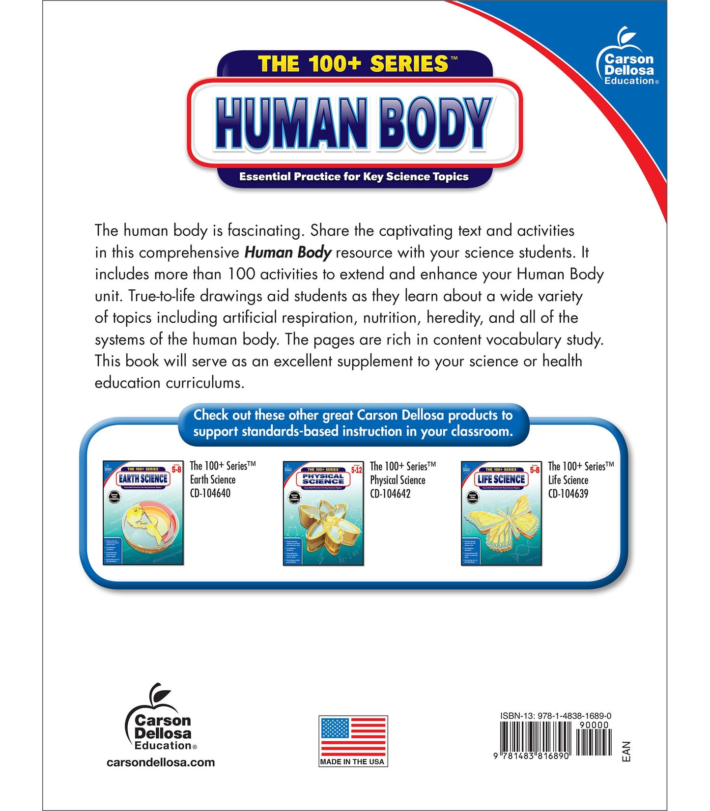 Carson Dellosa The 100+ Series: Human Body Workbook-Grades 5-8 Science Book, Human Anatomy, Bones, Muscles, Organs, the Nervous System, Health and Nutrition (128 pgs)