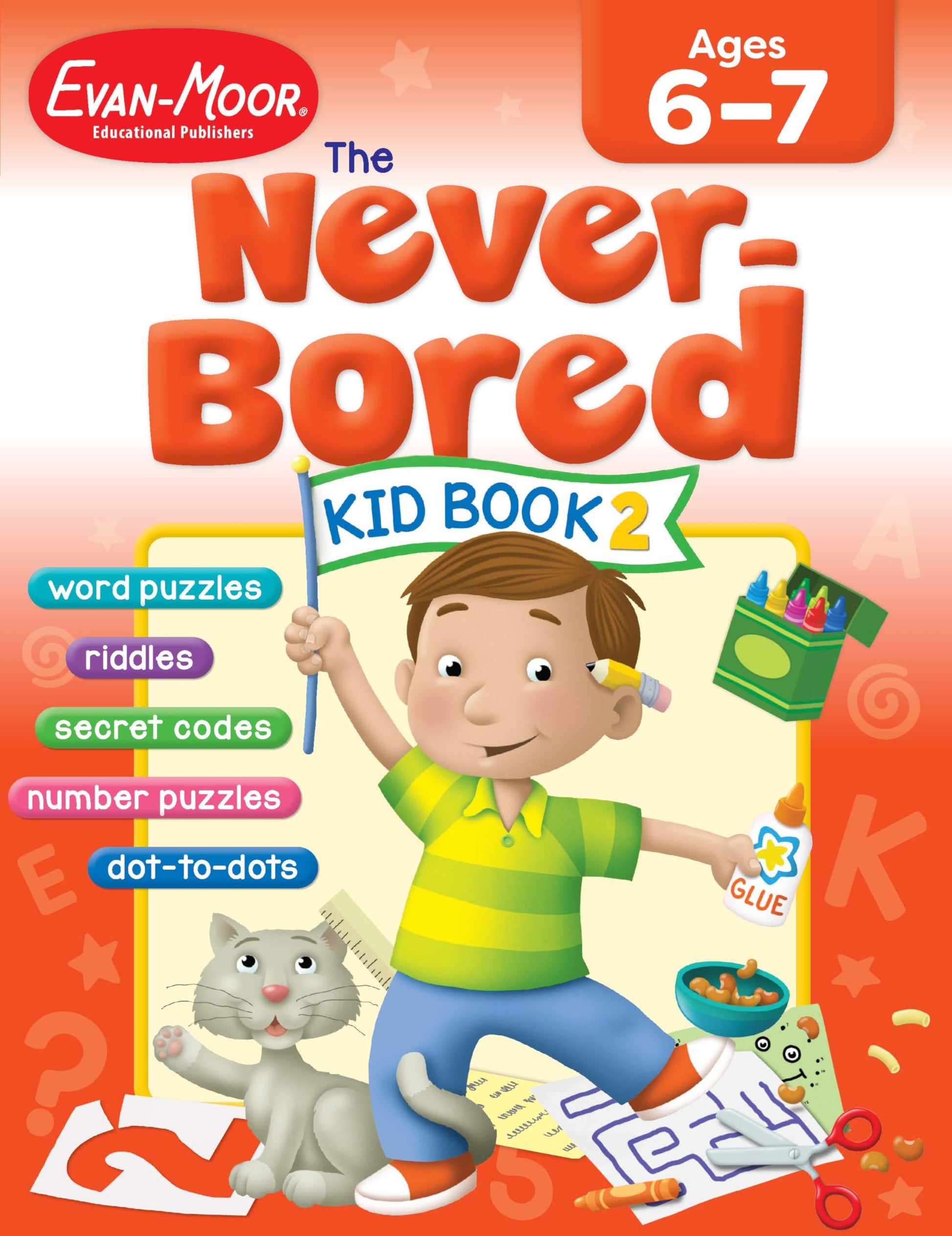 Evan-Moor Never-Bored Kid Book 2, Ages 6-7, Grades 1-2, Workbook, Mazes, Puzzles, Dot-to-Dots, Hidden Pictures, Riddles, Crafts, Activities, Counting, Sequencing, Reading, Follow Directions, Coloring