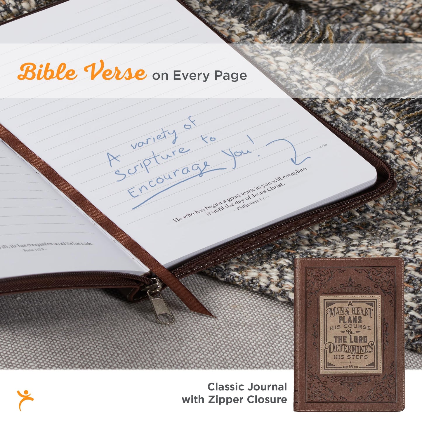 Classic Faux Leather Journal A Man's Heart Proverbs 16:9 Bible Verse Brown Inspirational Notebook, Lined Pages w/Scripture, Ribbon Marker, Zipper Closure