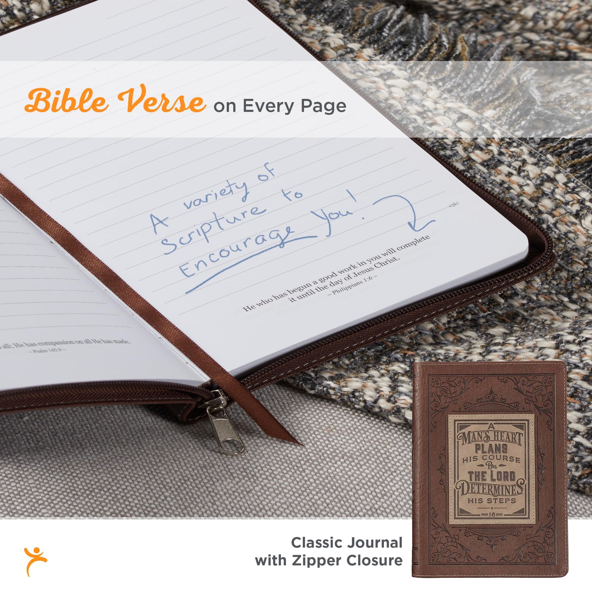 Classic Faux Leather Journal A Man's Heart Proverbs 16:9 Bible Verse Brown Inspirational Notebook, Lined Pages w/Scripture, Ribbon Marker, Zipper Closure