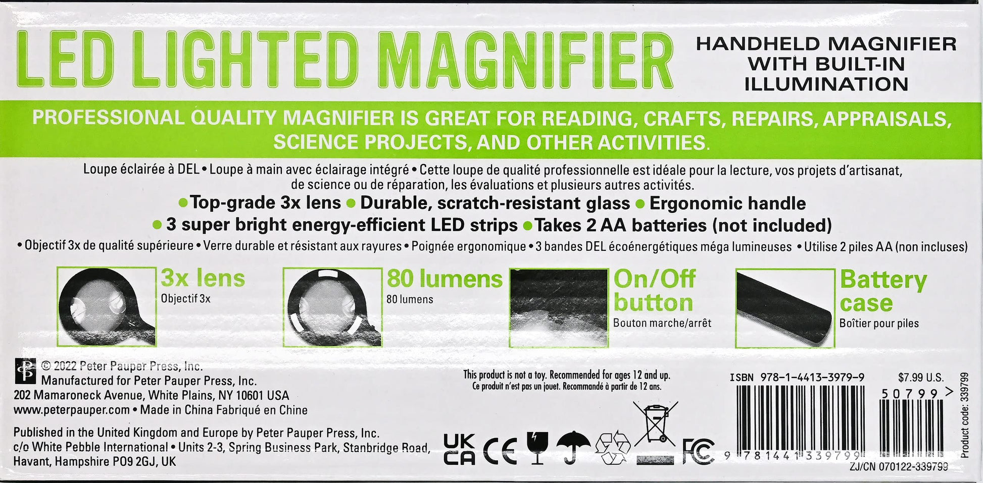Handheld LED Lighted Magnifier (3X magnification with bright, even light!)
