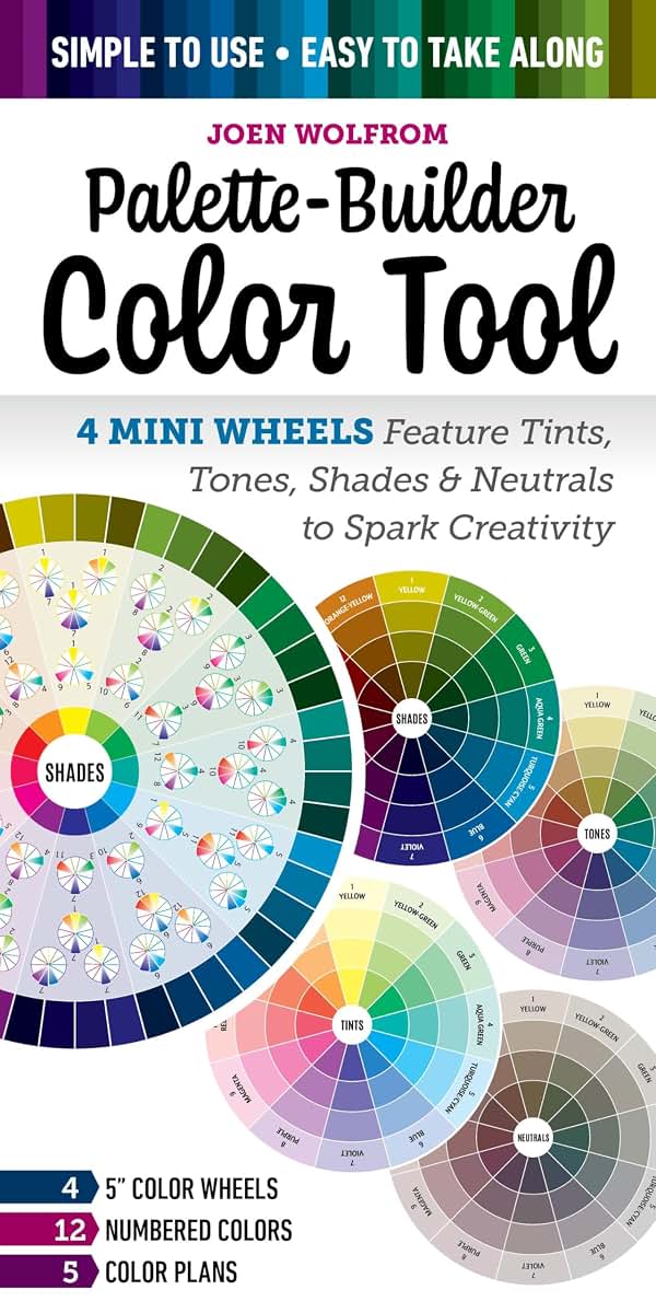 Palette-Builder Color Tool: 4 Mini Wheels Feature Tints, Tones, Shades & Neutrals to Spark Creativity; Simple to Use, Easy to Take Along; 12 Numbered Colors, 5 Color Plans, (4) 5 Color Wheels
