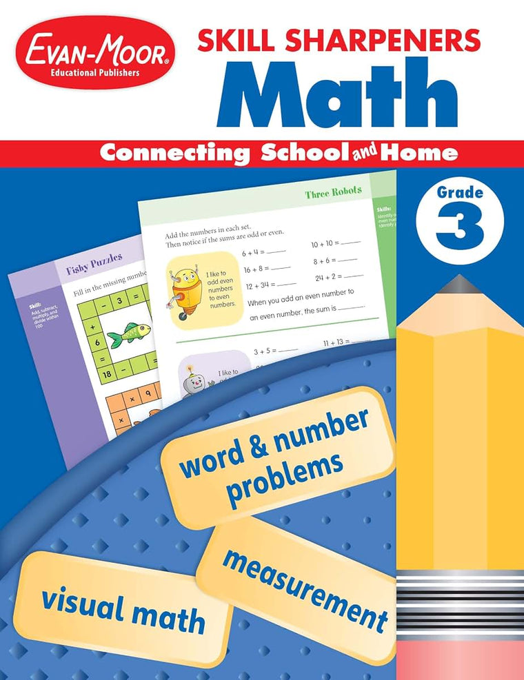 Evan-Moor Skill Sharpeners Math Workbook, Grade 3, Multiplication, Division, Test Prep, Number Sequencing, Geometry, Measurements, Graphing, Fractions, Tell Time, Money, Fun Activities, Homeschool
