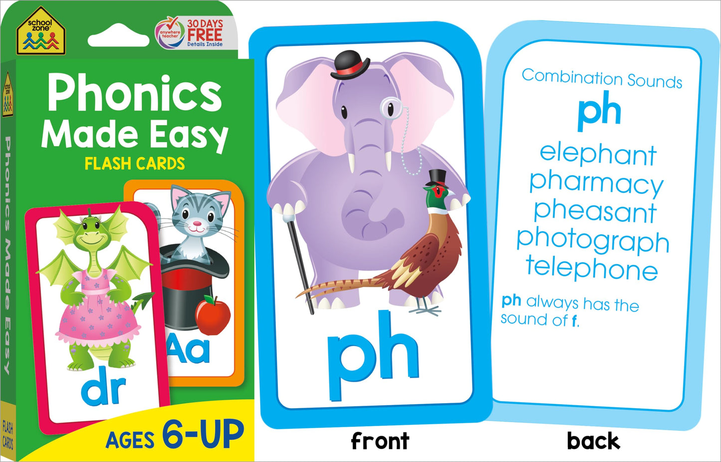 School Zone - Reading 4-Pack Flash Cards - Ages 4+, Kindergarten, 1st Grade, Sight Words, Phonics Made Easy, Word Families, Picture Words, High-Frequency Words, Beginning Reading, Rhyming, and More
