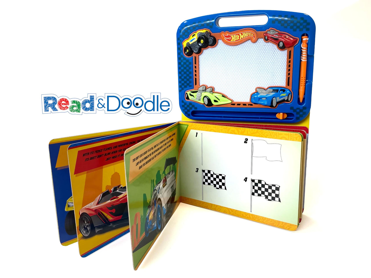 Hot Wheels Read & Doodle - Learning resources for kids, a magnetic drawing pad, an easy-to-use pen, 22-page board book for reading and drawing