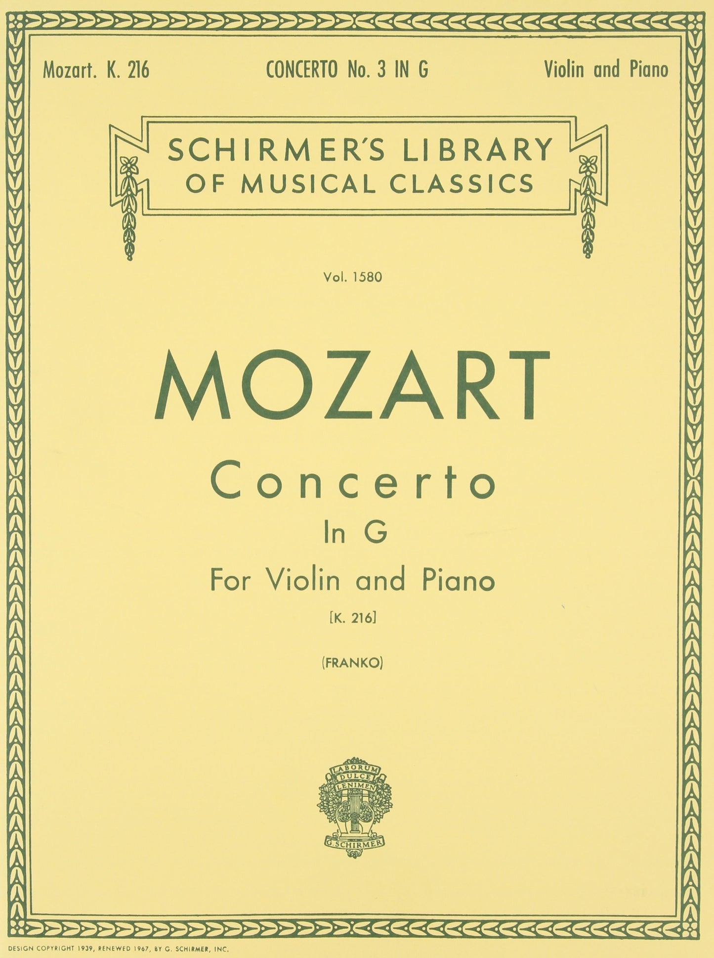 Concerto No. 3 in G: For Violin and Piano, K.216 (Schirmer's Library of Musical Classics)(Vol. 1580)
