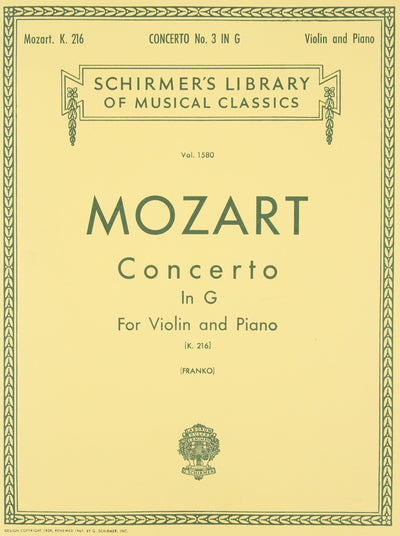 Concerto No. 3 in G: For Violin and Piano, K.216 (Schirmer's Library of Musical Classics)(Vol. 1580)