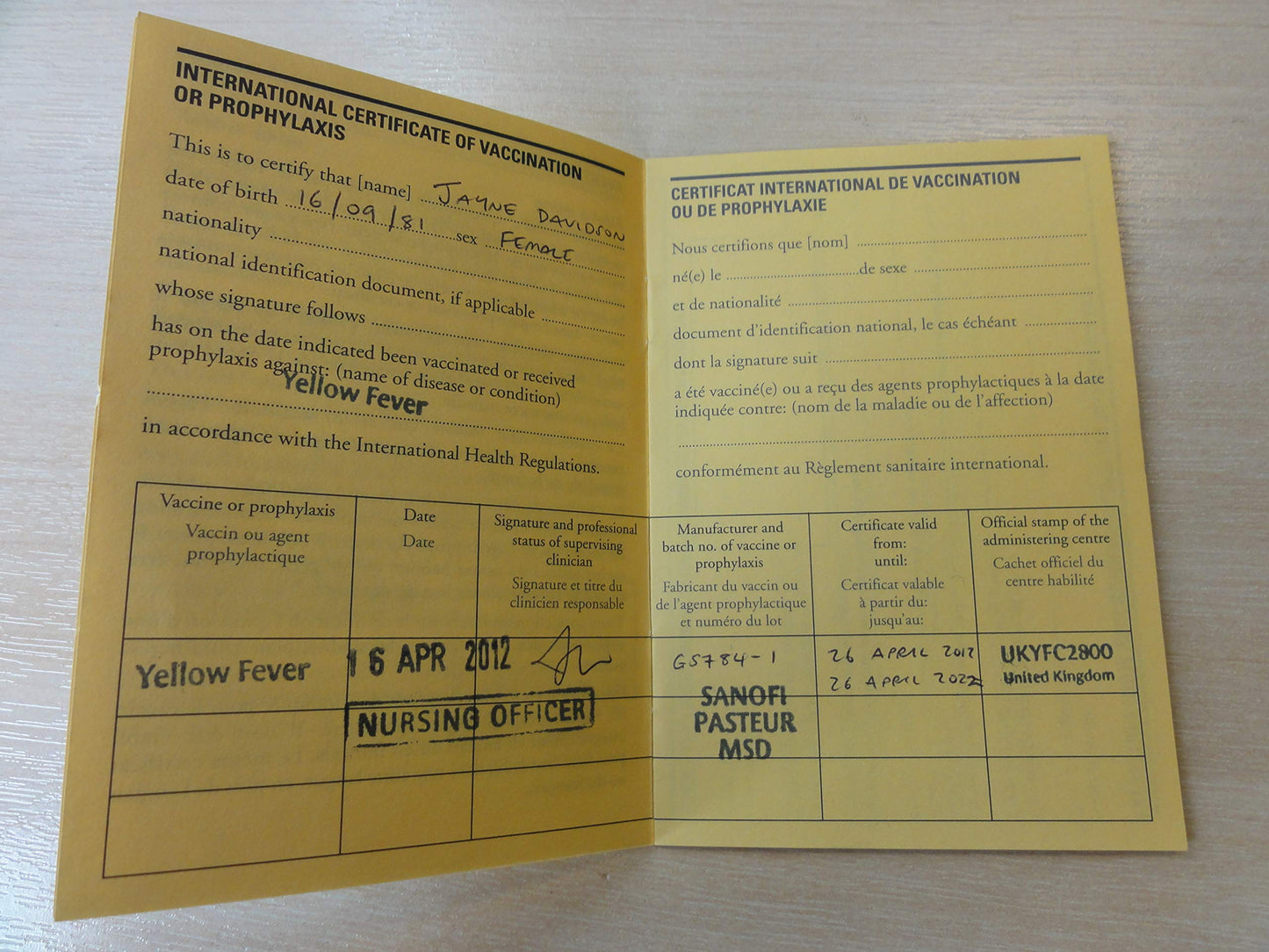 International Certificate of Vaccination with Vinyl