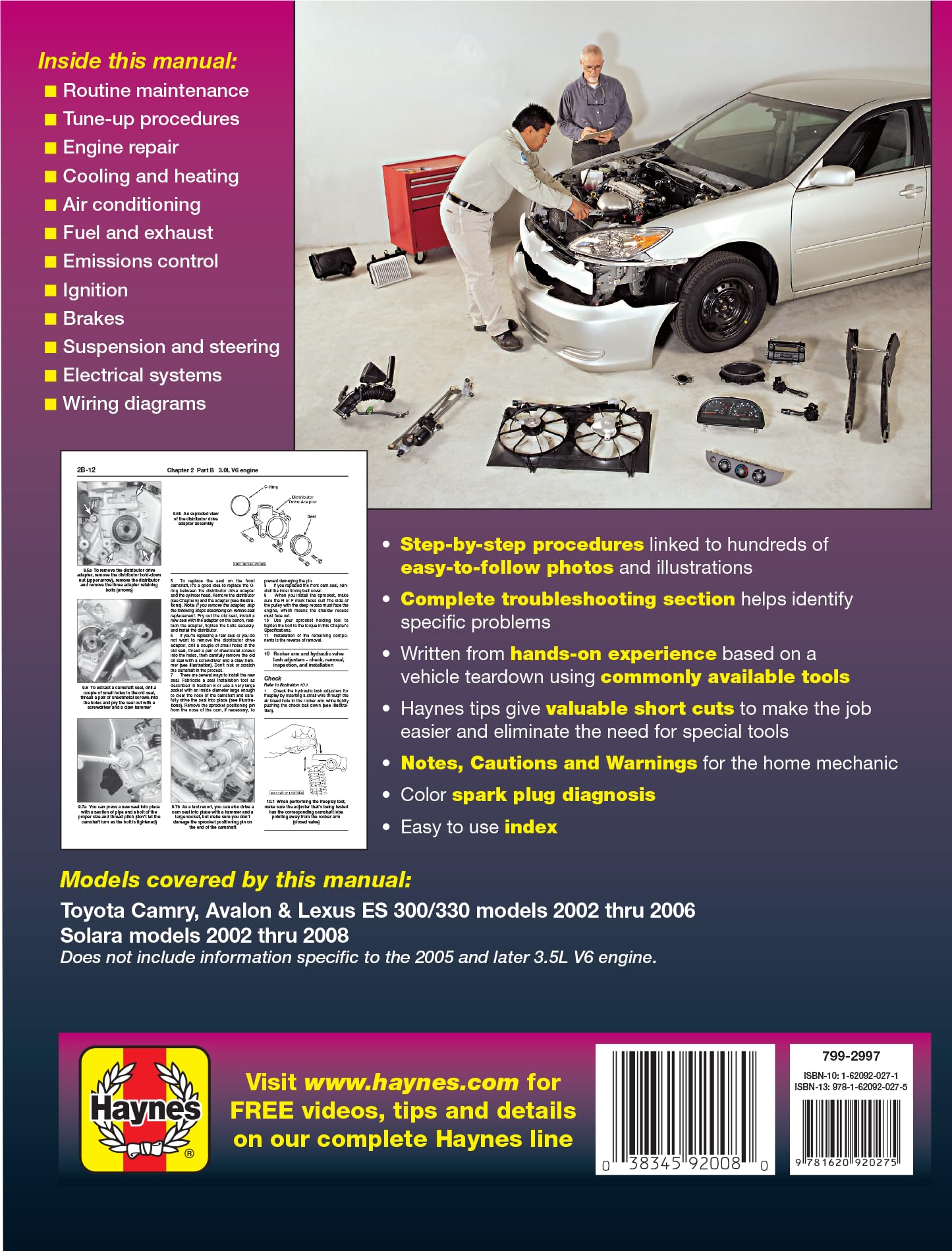 Toyota Camry Avalon Lexus ES 300/330 (2002-2006) & Toyota Solara (2002-2008) Haynes Repair Manual (Does Not Include Information Specific to the 2005 and Later 3.5L V6 Engine.)