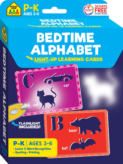 School Zone Bedtime Alphabet Light-Up Learning Cards: 32 Interactive Flash Cards, Preschool, Kindergarten, Letter & Word Recognition, Shadow Play, Mini Flashlight Included
