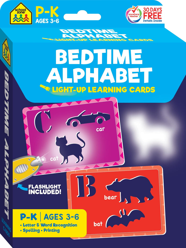 School Zone Bedtime Alphabet Light-Up Learning Cards: 32 Interactive Flash Cards, Preschool, Kindergarten, Letter & Word Recognition, Shadow Play, Mini Flashlight Included