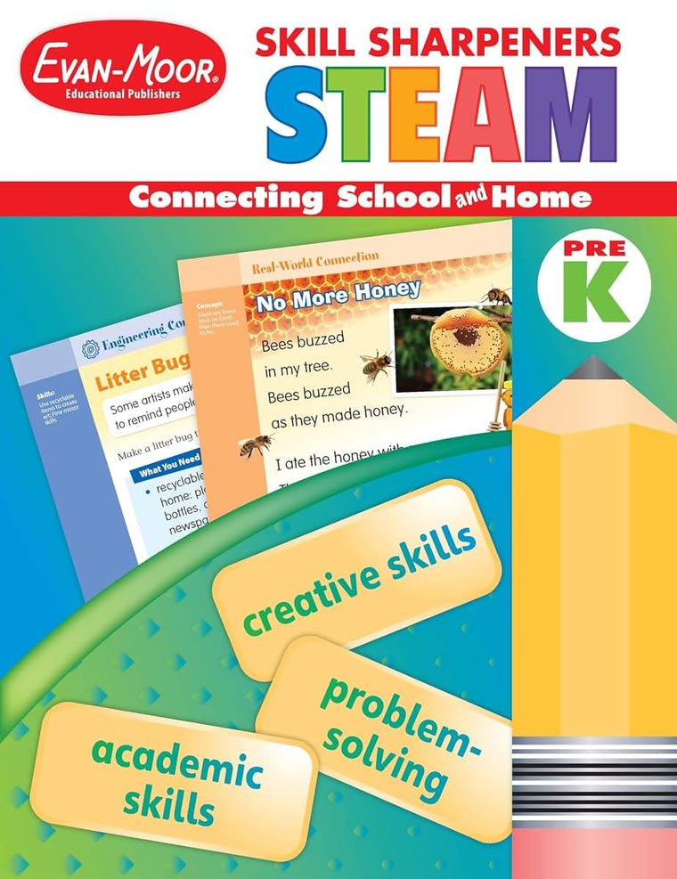 Evan-Moor Skill Sharpeners STEAM Workbook, Grade PreK, Science, Technology, Engineering, Art, Math, Hands On Activities, Helping Others, Collaboration, Solve Real World Problems, Puzzles, Homeschool