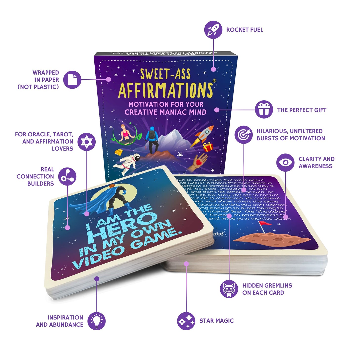 Sweet-Ass Affirmations Deck by Rage Create - 60 Hilarious, Unfiltered Motivational Affirmation Cards to Brighten Your Bad Day in 10 Seconds or Less