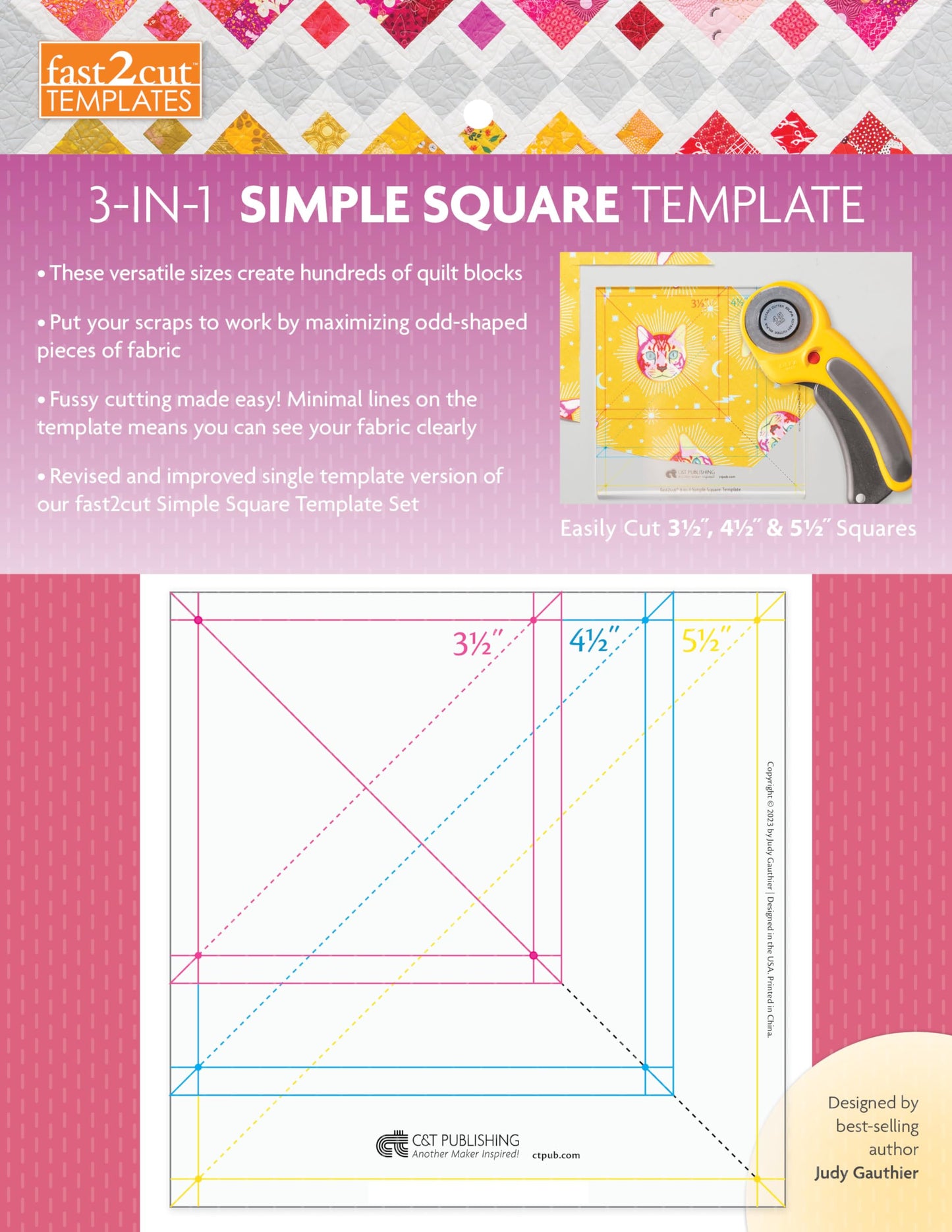 Fast2cut 3-in-1 Simple Square Template: Easily Cut 3 1/2 , 4 1/2 & 5 1/2 Squares
