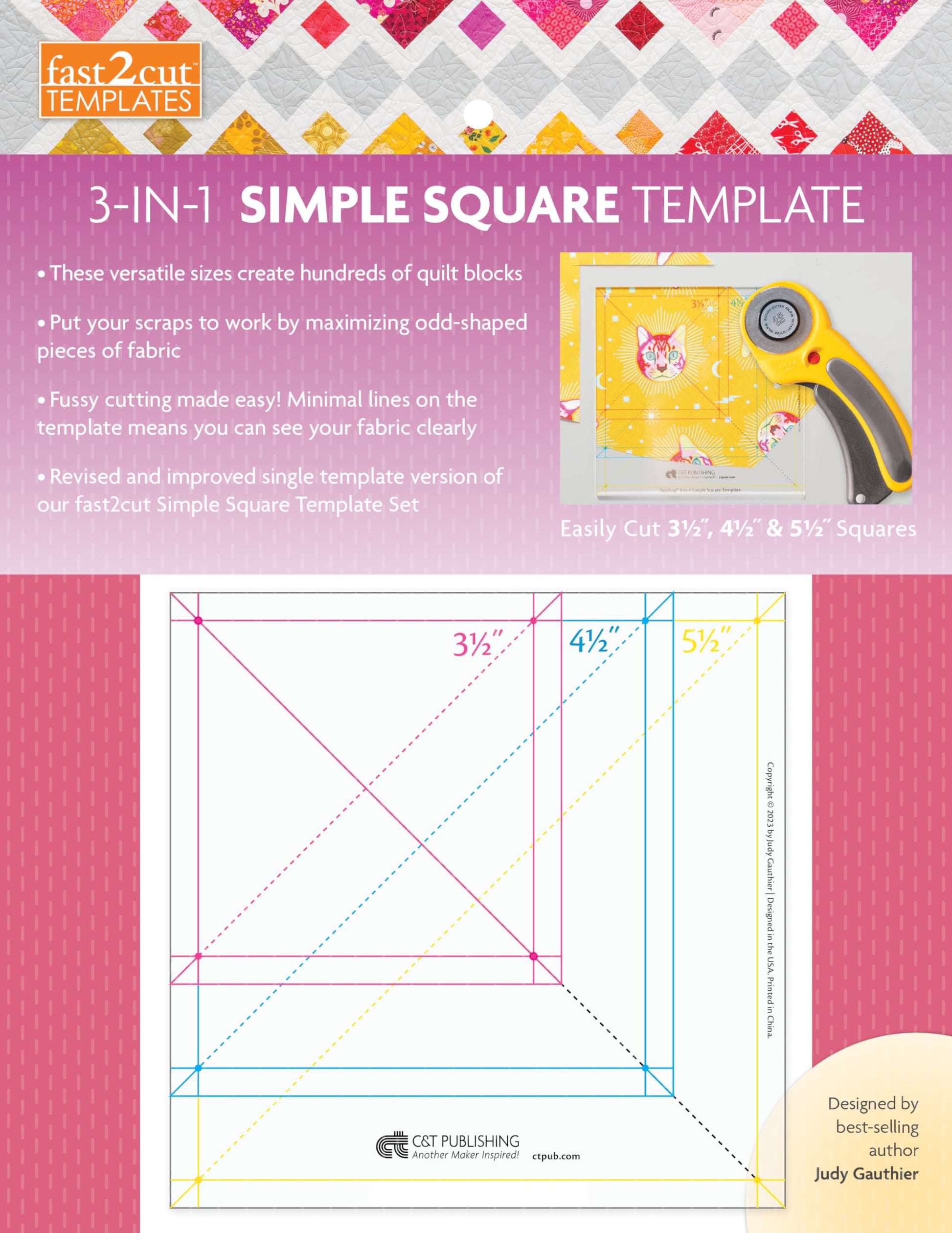 Fast2cut 3-in-1 Simple Square Template: Easily Cut 3 1/2 , 4 1/2 & 5 1/2 Squares