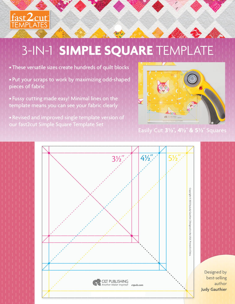 Fast2cut 3-in-1 Simple Square Template: Easily Cut 3 1/2 , 4 1/2 & 5 1/2 Squares