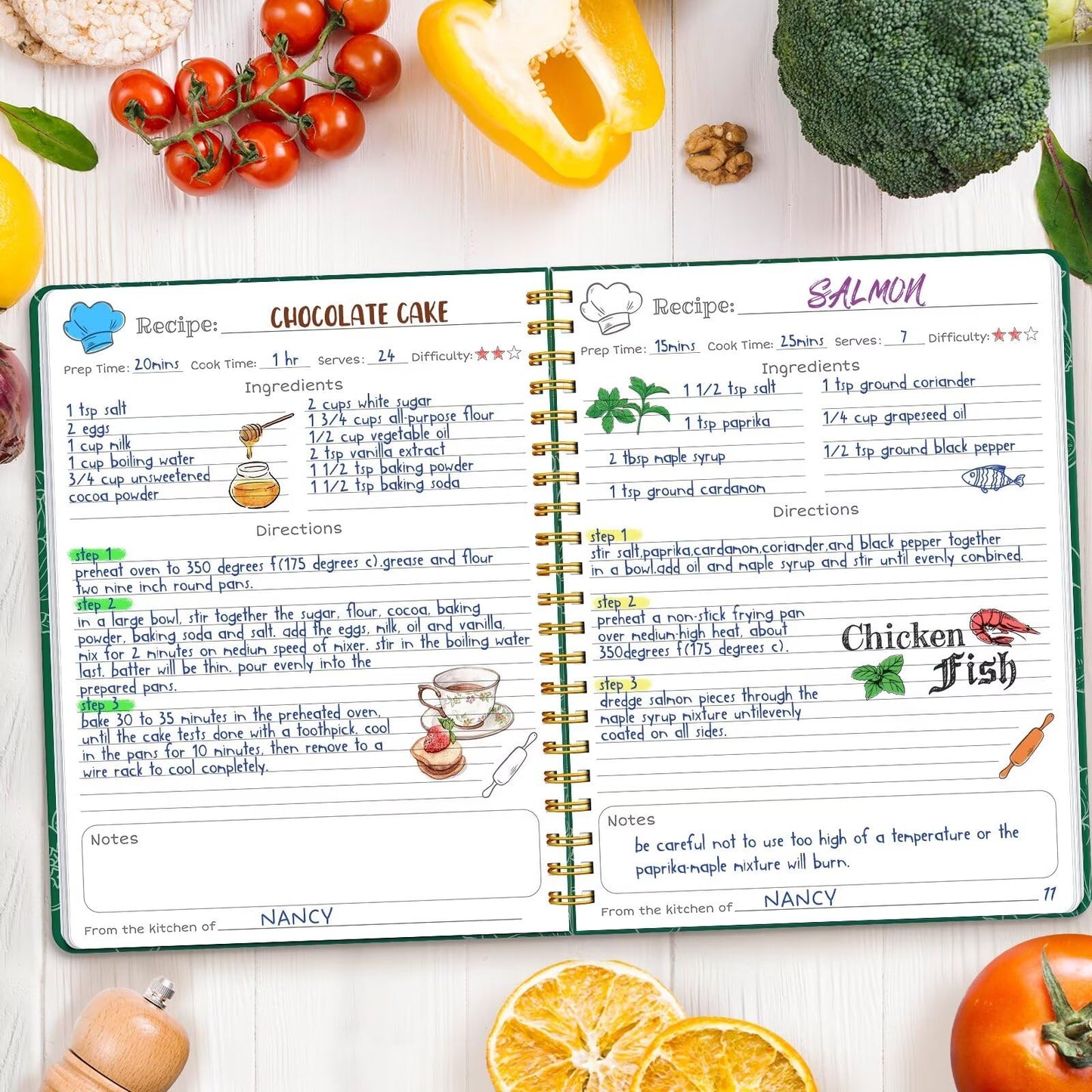 LuBudingJoy Blank Recipe Book to Write in Your Own Recipes, Full Page Sprial Hardcover Personal Recipe Organise, Recipe Journal Hold 140 Recipes(Blue)