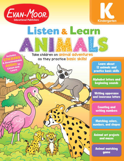 Evan-Moor Listen and Learn Animals, Grade K, Kindergarten, Activity Workbook, Includes Stickers and Audio read along, Basic Skills, Counting, Writing Letters, Matching Game, Art, Mazes, Homeschool