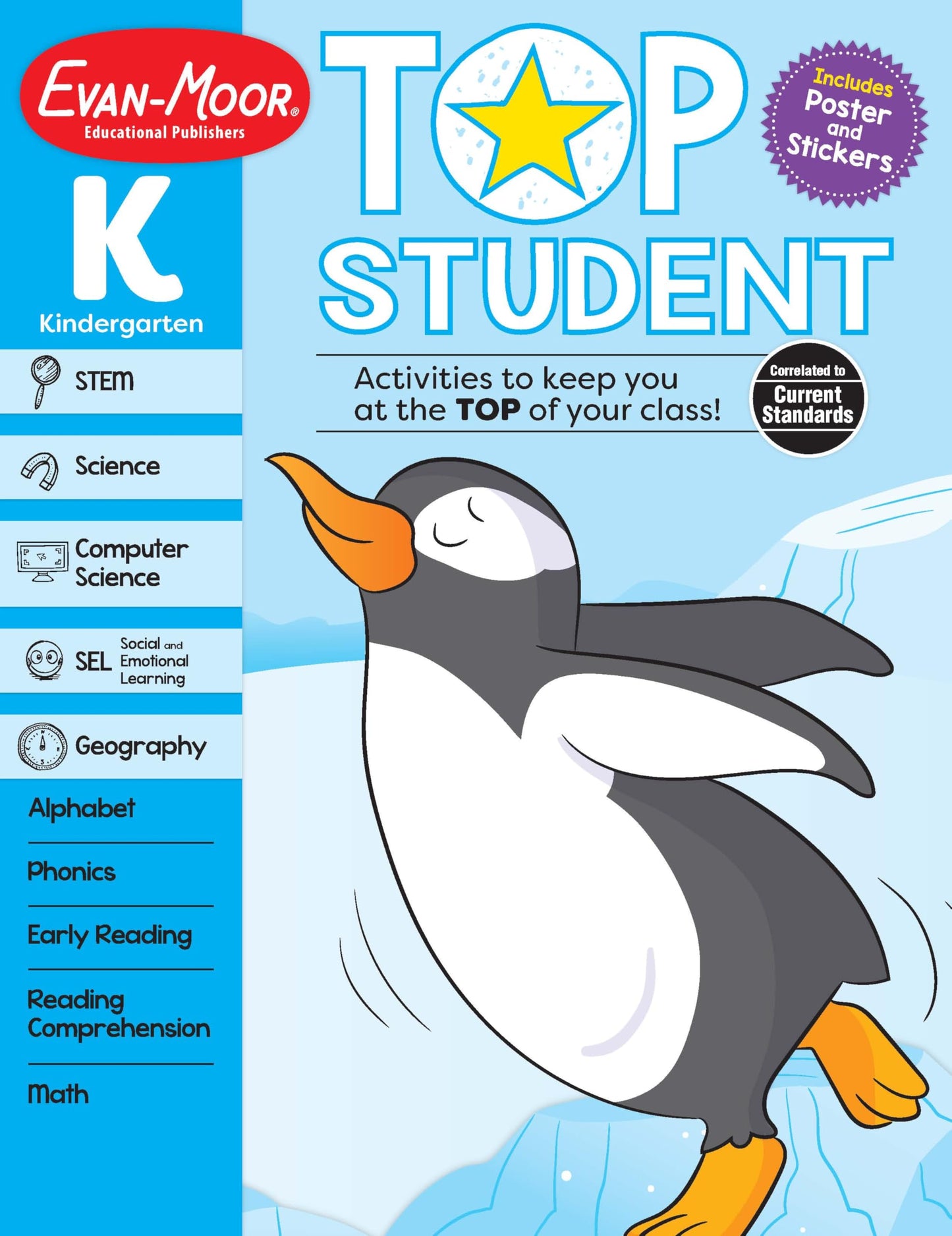 Evan-Moor Top Student Kindergarten Full-color Workbook, Reward Stickers, Alphabet, Math, SEL, Reading Comprehension, Computer Science, Mindful Moments with Audio