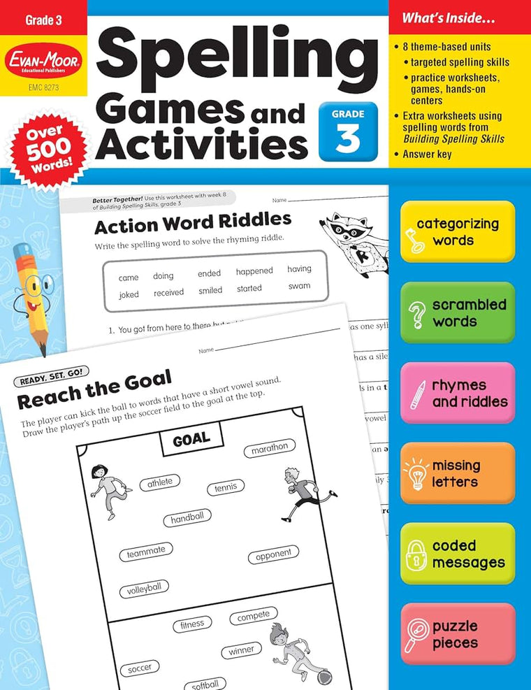 Evan-Moor Spelling Games and Activities, Grade 3 - Classroom Resource, Reproducible Worksheets, Teaching Edition, Spelling Strategies, Word Study Skills