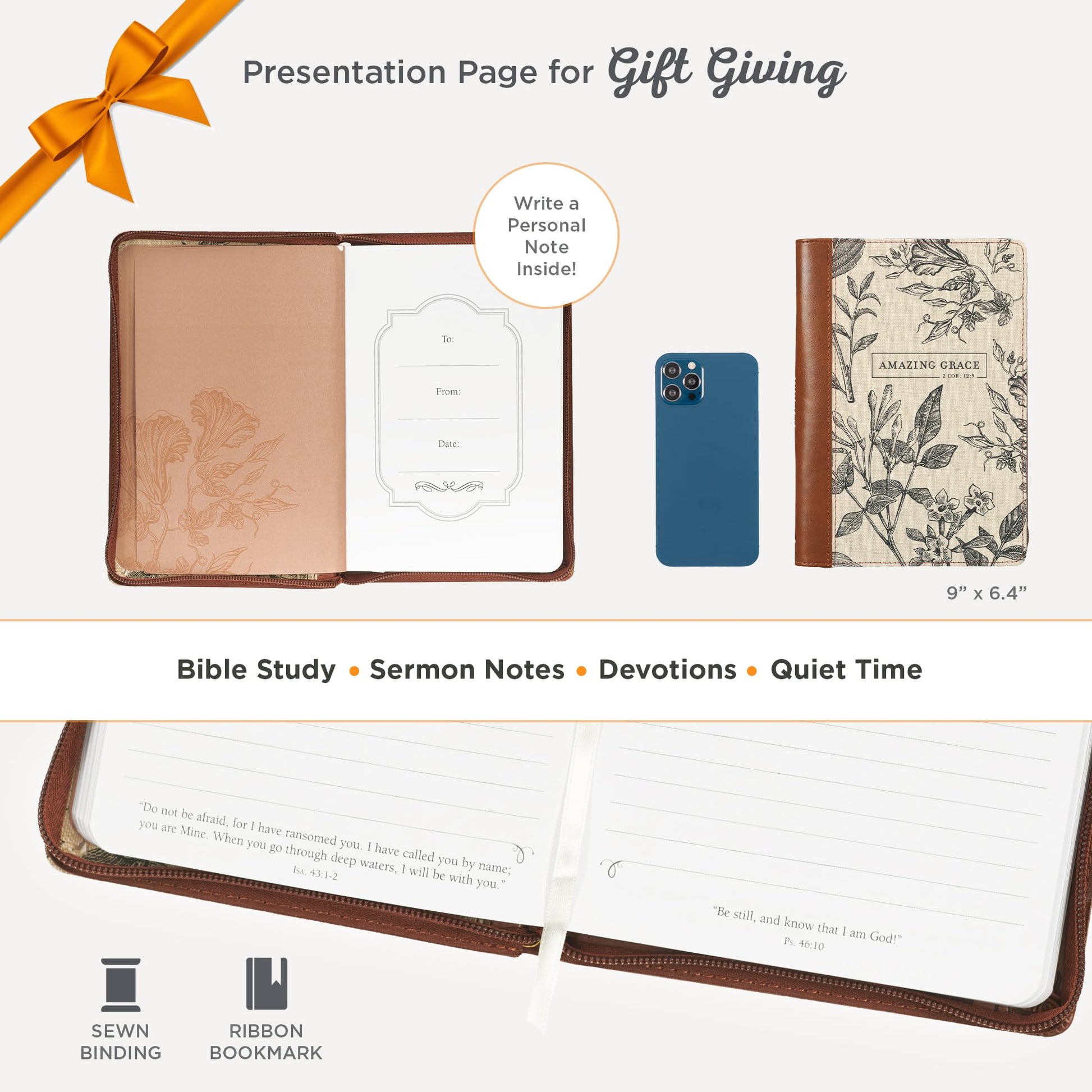 Christian Art Gifts Scripture Journal Brown/Cream Floral Printed Amazing Grace 2 Cor. 12:9 Bible Verse Inspirational Faux Leather Notebook, Zipper Closure, 336 Ruled Pages, Ribbon