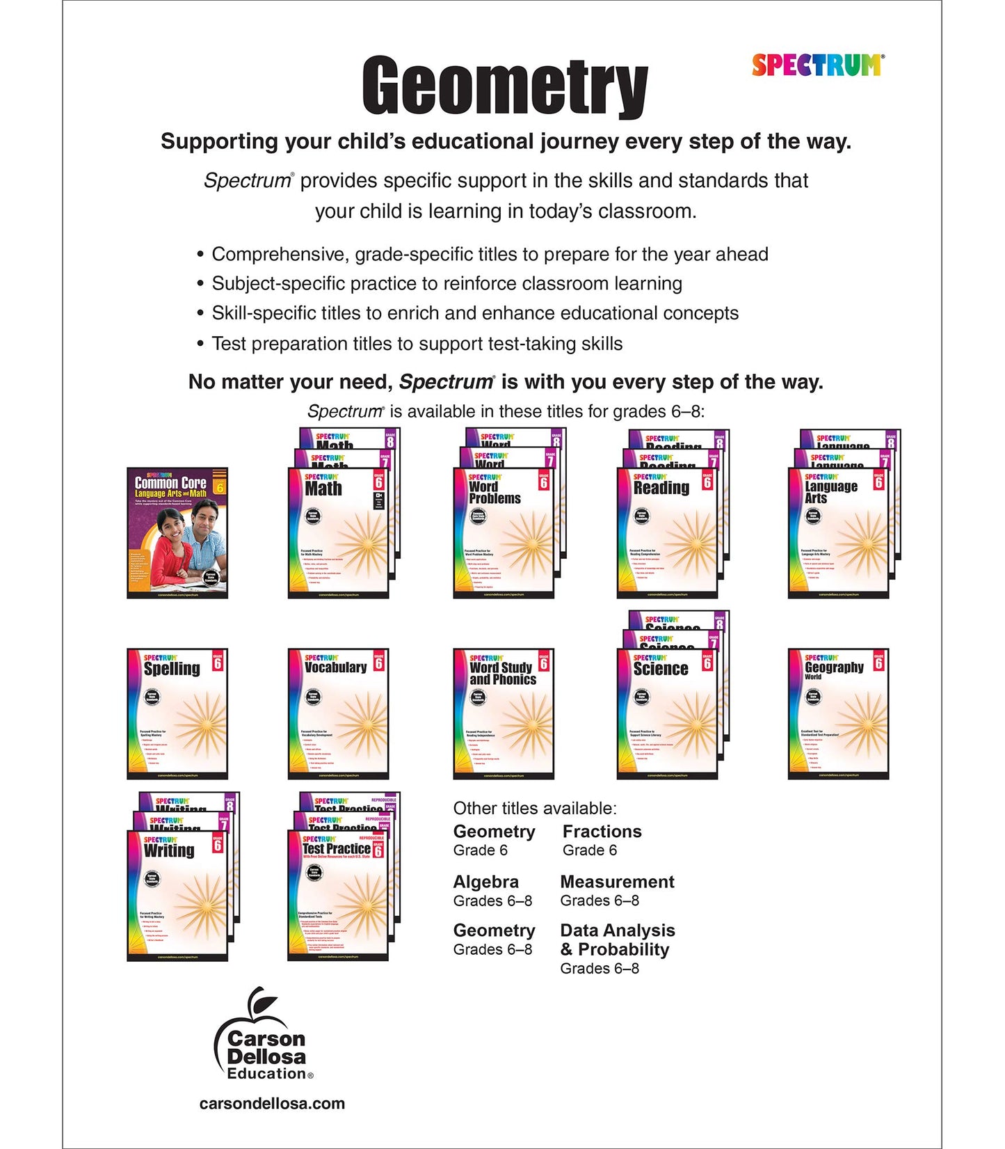 Spectrum Grades 6-8 Geometry Math Workbook, Mathematics Book for Kids Ages 11 to 14 Covering Geometric Shapes, Perimeter, Area, Volume, Angles, and More, Classroom or Homeschool Curriculum