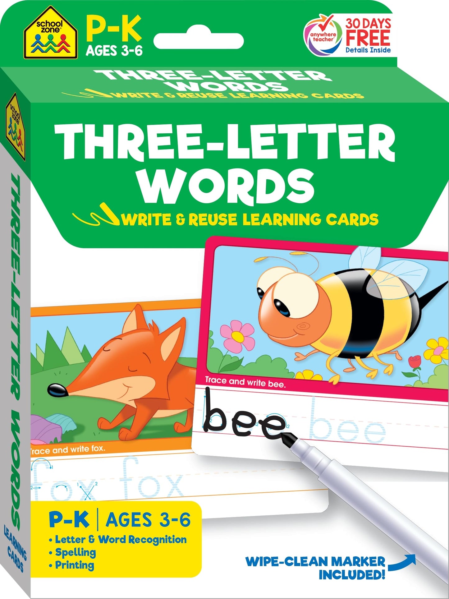 School Zone Three-Letter Words Write & Reuse Learning Cards: 32 Interactive Flash Cards, Preschool, Kindergarten, Letter & Word Recognition, Printing, Wipe Clean, Includes Dry Erase Marker