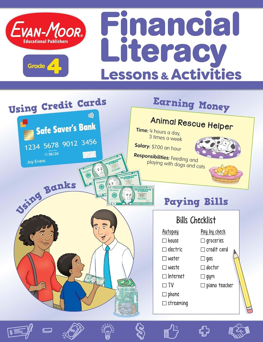 Financial Literacy Lessons and Activities for Grade 4 Teachers Resource Book, Reproducible Worksheets, Homeschool Resources, Classroom Lessons, Math Word Problems, Money Games