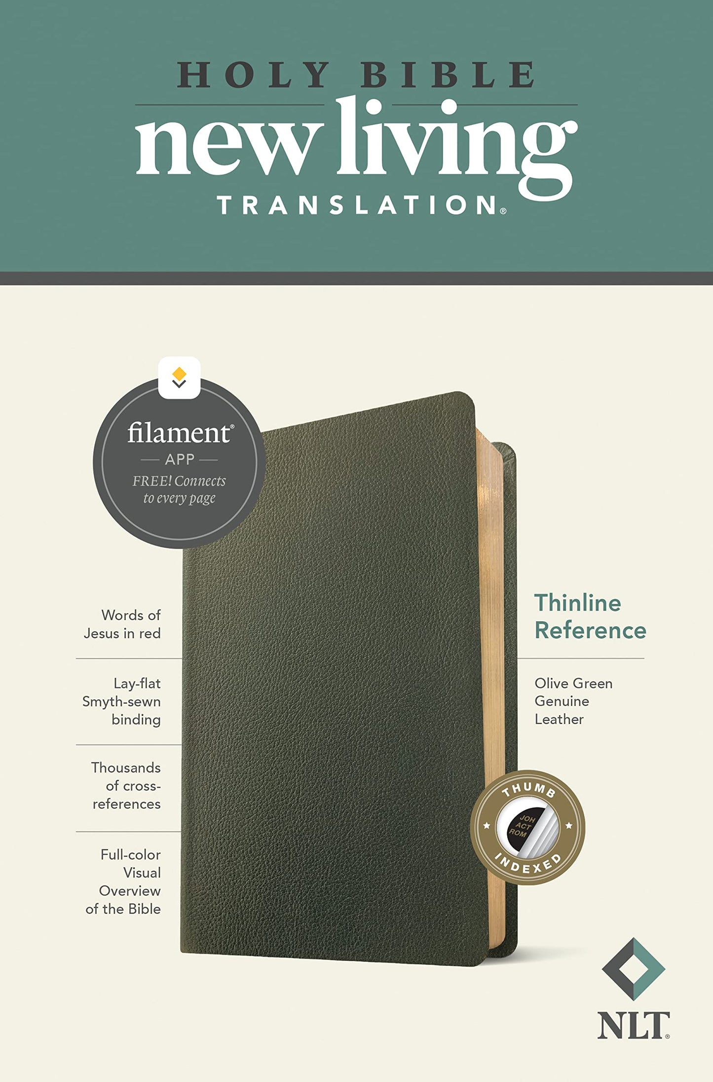 NLT Thinline Reference Bible, Filament Enabled (Genuine Leather, Olive Green, Indexed, Red Letter)