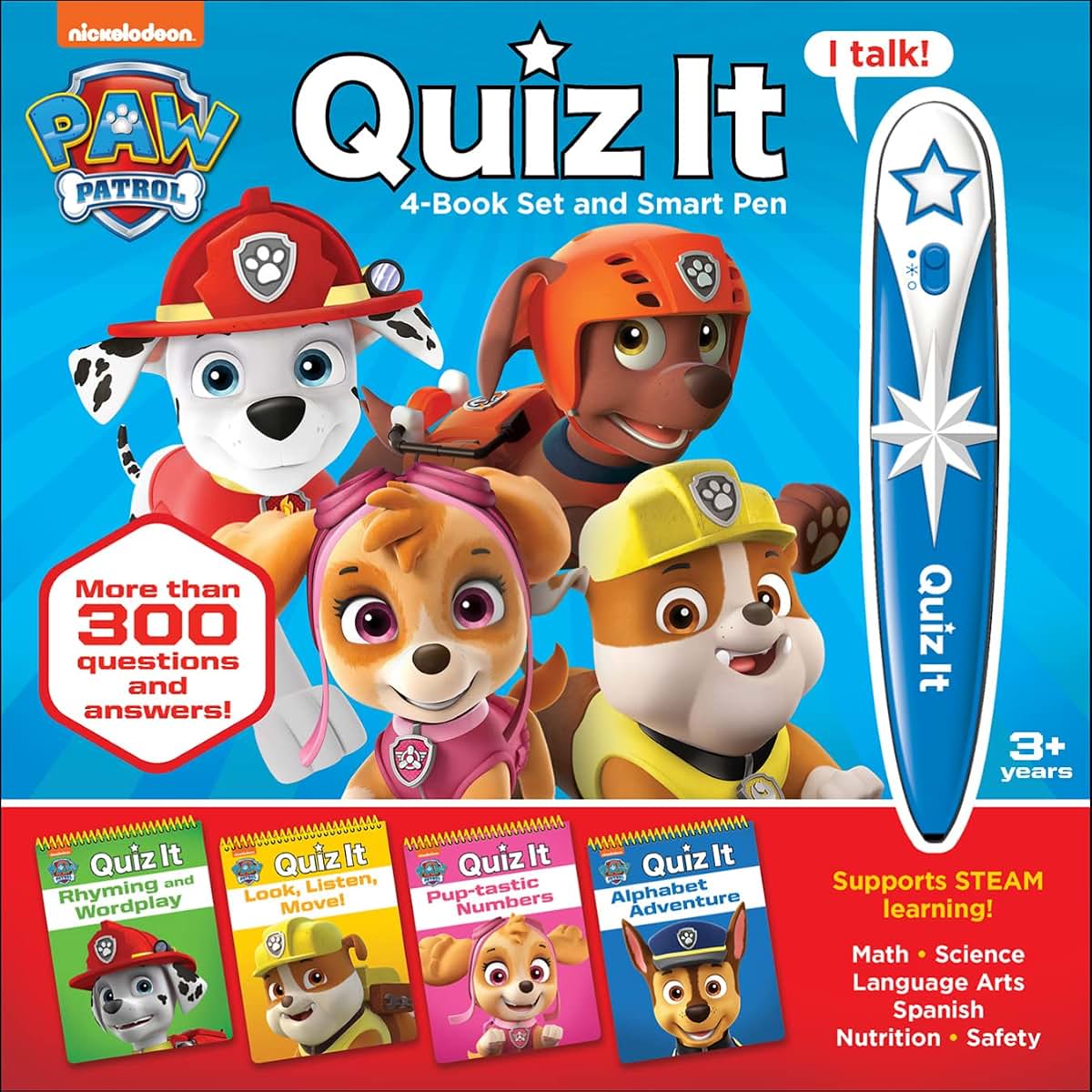 PAW Patrol Chase, Skye, Marshall and More! - Quiz it Pen 4-Book Set and Talking Smart Pen - Interactive Educational Book Set with Toy Sound Pen - PI Kids