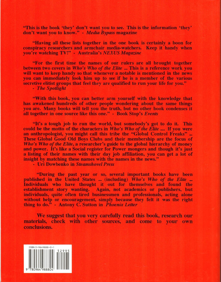 Who's Who of the Elite : Members of the Bilderbergs, Council on Foreign Relations, & Trilateral Commission — back cover