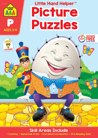 School Zone - Picture Puzzles Workbook - Ages 3 to 5, Preschool, Kindergarten, Dot-to-Dots, Hidden Pictures, Nursery Rhymes, Numbers 1-25, Stickers, and More (School Little Hand Helper Book Series)