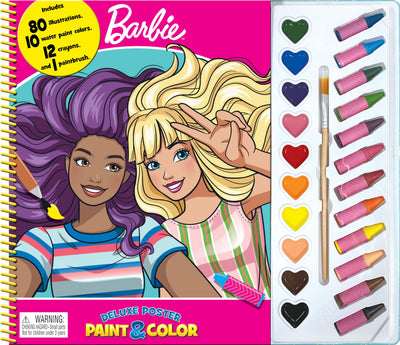 Phidal - Mattel Barbie Poster Paint & Color - with 80 Coloring Pages, 10 Water Color Paints and 12 Crayons for Kids and Children Learning Fun (Deluxe Poster and Paint)