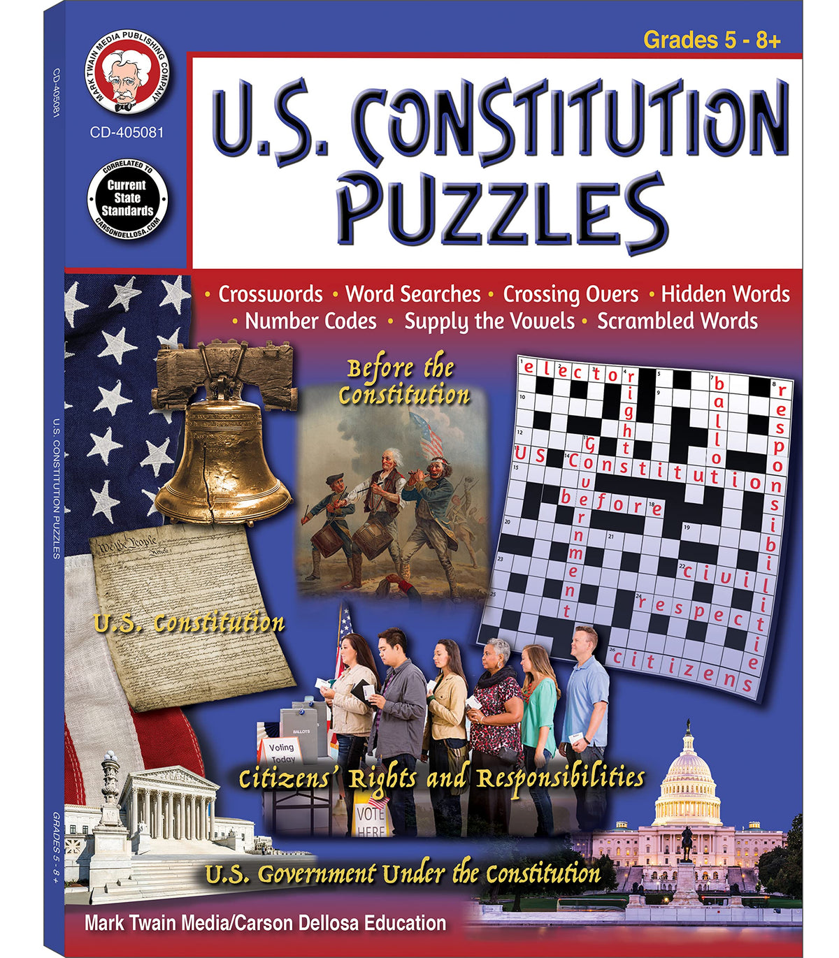 Mark Twain US Constitution Puzzle Book, American History Books With Crossword Puzzle, Word Search and More Social Studies Brain Games for Kids Ages 9 and Up