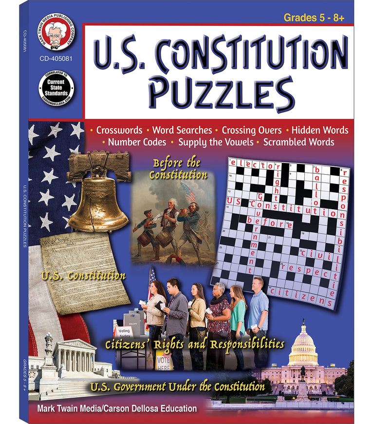 Mark Twain US Constitution Puzzle Book, American History Books With Crossword Puzzle, Word Search and More Social Studies Brain Games for Kids Ages 9 and Up
