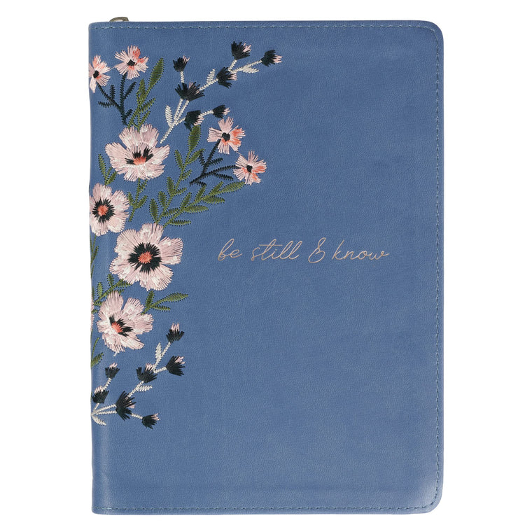 Classic Faux Leather Journal Be Still & Know Psalm 46:10 Blue Floral Embroidered Inspirational Notebook, Lined Pages w/Scripture, Ribbon Marker, Zipper Closure